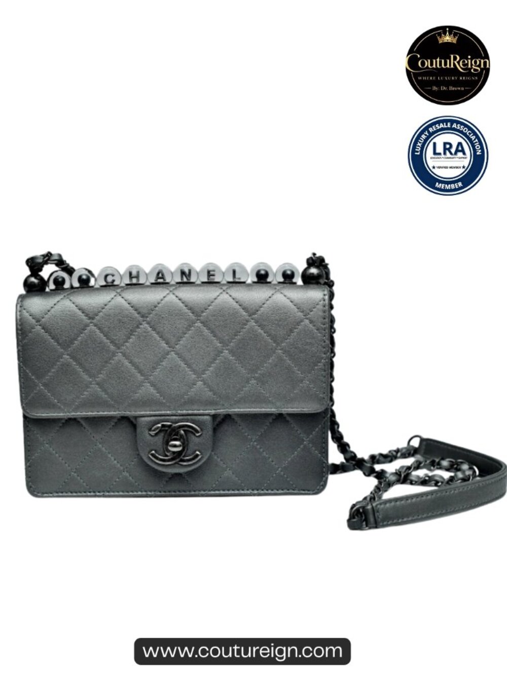 Chanel Metallic Grey Quilted Leather Flap Clutch With Chain